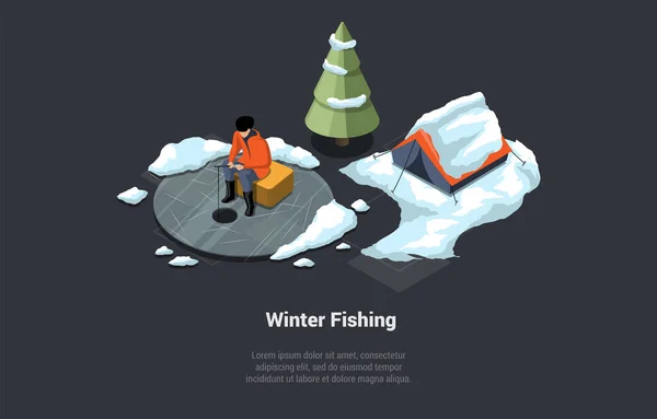 Pêche Hiver Personal Hobby Concept Pêcheur Sur Lac Pêche Travers — Image vectorielle