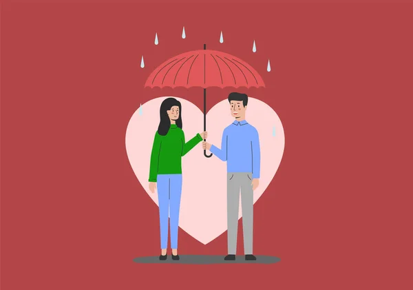 Love Story Couple Stand Umbrella Rainy Night Street Front Glowing — Stock Vector