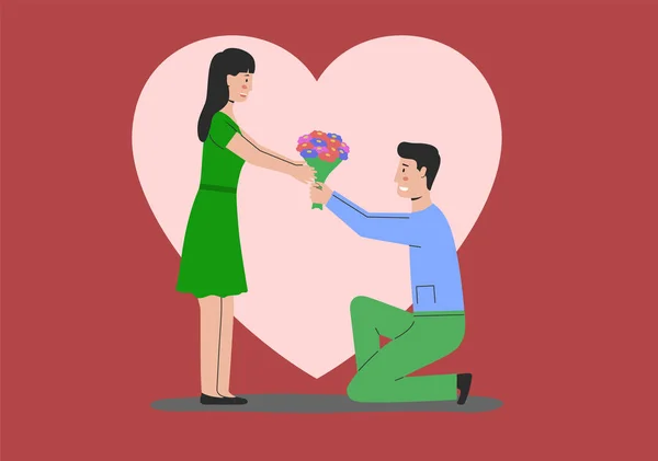 Love Story Guy Gives Bouquet Flowers Girl Standing Knee Relaciones — Vector de stock
