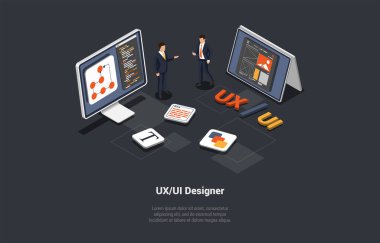 UI Tasarım Konsepti. Aygıt İçeriği Konumu Bilgileri. IT Ajansı Mobil Uygulamanın prototipini ya da kodunu yapıyor. UX, Dijital Kahraman Yaratıcı Ekibi Wireframe web sitesi tasarımı üzerinde çalışıyor. Isometric 3d Vektör İllüstrasyonu.