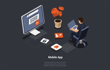Mobile App Development and Design. Male Character Developer Is Testing Usability Interface Of Website. Mobile Application Debug Sketch Layout on Smartphone Or Tablet. Isometric 3d Vector Illustration. clipart