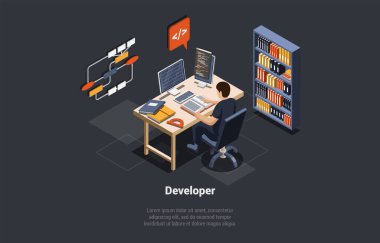 Software Development Coding Process. Programmer or Web Developer Coding App on Computer. Screen With Code, Script and Open Windows. Man Coder Engineer At Workplace. Isometric 3d Vector Illustration. clipart svg vector 