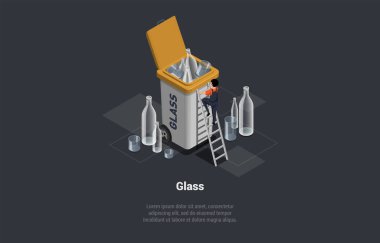 Sıfır Atık, Yeniden Kullanım, Çevre dostu, Ayrımcılık ve Çöp Geri Dönüşümü Süreci. Karakter, cam atıklarını toplayıp konteynıra atmak. Cam atıklarının geri dönüşümü. Isometric 3d Vektör İllüstrasyonu.