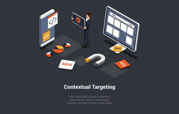 Contextual Targeting Ppc Online Reklám Ember Fejleszteni Kontextus Kampány Használata — Stock Vector