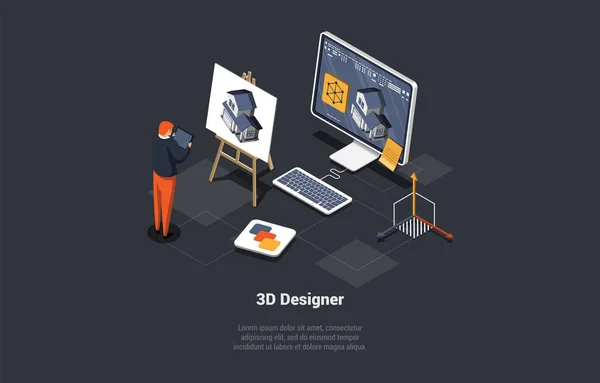 3Dデザインとフリーランスの仕事の概念 コンピュータ上の家のモックを作る3Dグラフィックデザインの男建築家 3D学習コース Webデザインのための学校 アイソメトリック3D漫画ベクトルイラスト — ストックベクタ