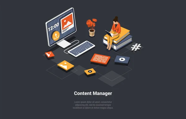 Social Media Marketing Layout Content Promozione Online Woman Content Manager — Vettoriale Stock