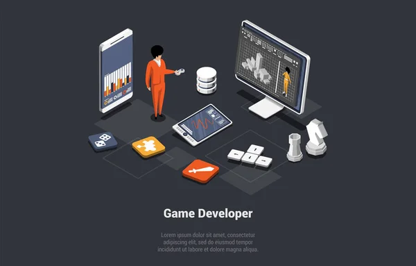 stock vector Concept Of Game Development. Male Character Developer In Process Of Create And Develop New Computer Video Game Design. Digital Technology, Programming and Codding. Isometric 3d Vector Illustration.