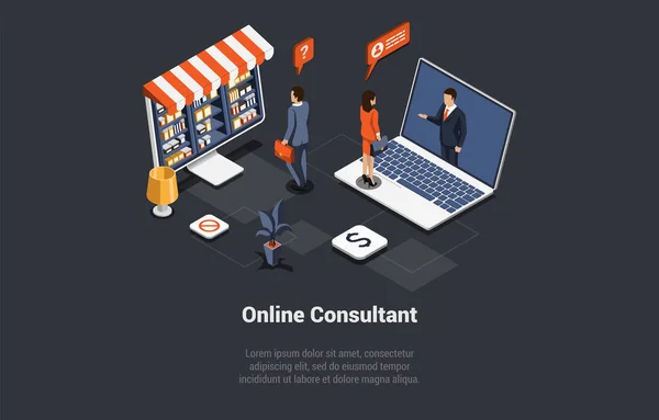 핫라인 운영자는 고객을 관리한다 온라인 컨설턴트 Virtual Online Consultant Monitor — 스톡 벡터