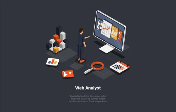 Concept Test Analyse Données Débogage Analyste Analyste Web Man Marketer — Image vectorielle