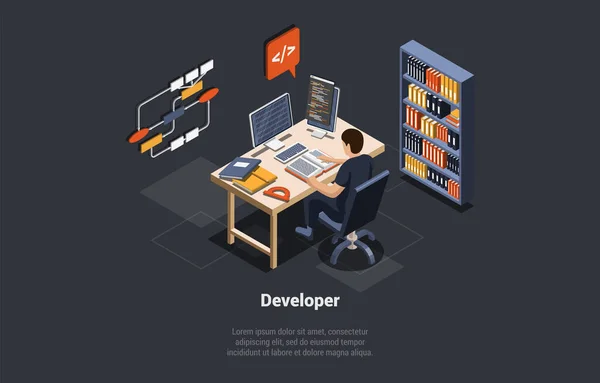 Softwareentwicklungsprozess Programmierer Oder Web Developer Coding App Auf Dem Computer — Stockvektor