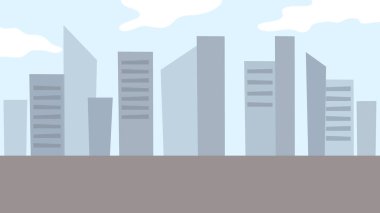 Büyük modern binaları ve gökdelenleri olan banliyöleri olan şehir manzarası. İkamet Evleri ve Dükkanları olan şehir manzarası. Residential Area 'daki kırsal alan. Çizgi film Düz Biçim Vektör İllüstrasyonu.