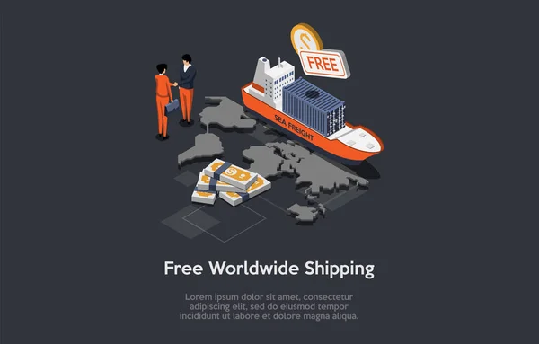 Global Worldwide Shipping Solutions Concept Transport Logistics Ship Port Delivery — Vettoriale Stock