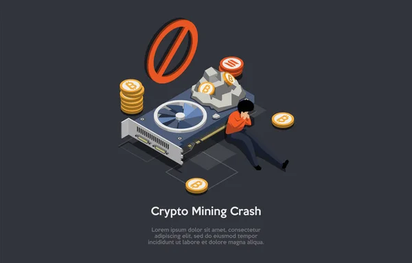 Crypto Mining Crash Blockchain Technology Digital Money Exchange Rates Falling — Stock Vector