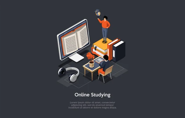Begreppet Online Studera Distans Online Lärande Student Vid Skrivbordet Lyssnar — Stock vektor