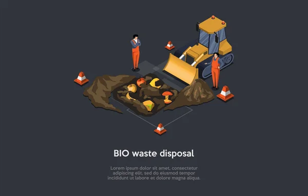 Reciclagem Lixo Processo Eliminação Resíduos Biológicos Homem Trabalhador Personagem Masculino — Vetor de Stock