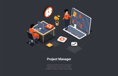 Yeni Başlangıç veya Proje Konsepti. Back End Yazılım Mühendisi Proje Yöneticisi Yeni Başlangıç Fikri geliştiriyor ya da üzerinde çalışıyor. Ofiste birlikte çalışan yaratıcı ekip. Isometric 3d Vektör İllüstrasyonu.