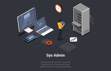Büyük Veri Depolama Konsepti, Sistem Yöneticisi. Donanım Raflı Sunucu Odası ya da Web Sunucu Altyapısı. Çalışan Bulut Bilgisayarının Erkek Karakter Kontrolleri. Isometric 3d Çizgi film Vektörü illüstrasyonu.