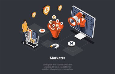 Yeni Başlangıç veya Proje Konsepti. Hoparlörlü Karakter Profesyonel Pazarlamacı Yeni Projeyi Destekliyor. Satış Dönüşümleri ve Trafik Artırma Stratejileri. Isometric 3d Çizgi film Vektörü İllüstrasyonu.