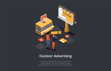 City Outdoor Reklamcılık Konsepti. Büyük reklam panosu ya da afiş. Şirket Tanıtımı ve Pazarlama Kampanyası Konsepti. Karakterler önceki reklamı yırtıp yenisini koyar. Isometric 3d Vektör İllüstrasyonu.