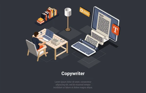 Copywriter Job Concept Writer Typing Article Computer Person Editor Write — Stock Vector