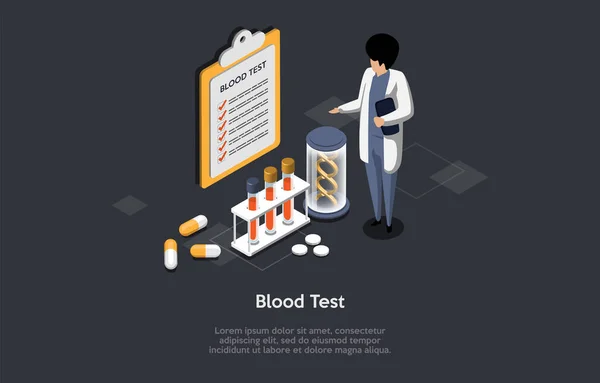 Kan Testi Tıp Sağlık Hizmetleri Beyaz Önlüklü Kadın Karakter Hemşiresi — Stok Vektör
