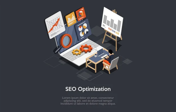 Sökmotorplacering Seo Optimization Seo Digital Marketing Concept Seo Marknadsföring Och — Stock vektor