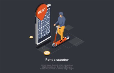 Mobil Uygulama Çevrimiçi Elektrikli Scooter Kiralama. Miğferli Erkek Karakter Kiralık Motorlu Scooter Akıllı Telefon uygulaması kullanıyor. Şehir turu için E-Scooter paylaşım servisi. Isometric 3d Vektör İllüstrasyonu.