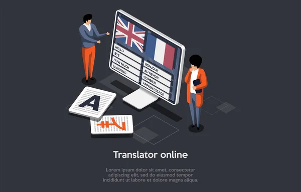 多语种译者应用 汉字在线学习外语 人们使用移动应用程序翻译其他语言 国际交流 等距3D矢量说明 — 图库矢量图片