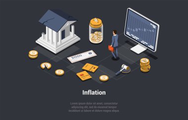 Global World Financial Crisis Concept. Default, Inflation, Devaluation, Stock Market Crash. Shocked Man Investor Lose Money And Investments. Price Increase Process. Isometric 3d Vector Illustration.