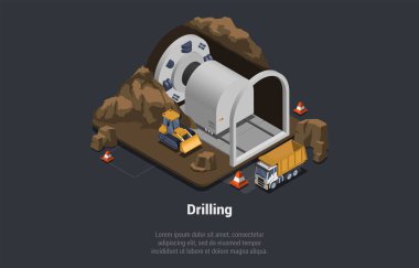 Tunnel Construction Composition With Drill, Bulldozer And Truck. Tunnel Boring Machine Is Drilling Tunnel At Construction of New Metro Line Or Highway Through Rock. Isometric 3d Vector Illustration.