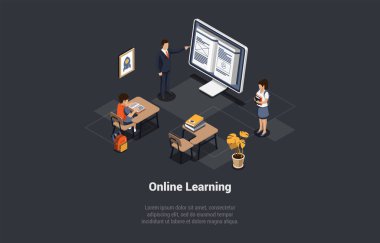 Concept Of Distance Online E-Learning. Student At Desk In Listening To Virtual Teacher. Boy Taking An Remote Course. Learning or Meeting Online With Teleconference. Isometric 3d Vector Illustration.