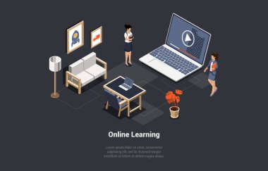 Concept Of Distance Online E-Learning At Home. Students Girls Buying Virtual Remote Course With Knowledge Base. Women Learning or Meeting Online With Teleconference. Isometric 3d Vector Illustration.