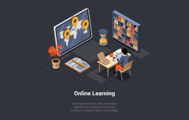 Concept Of Distance Online E-Learning. Student At Desk Has Exam Or Course At Home Or Office. Boy Has An Remote Course At Home. Learning Online In Calm Atmosphere. Isometric 3d Vector Illustration.