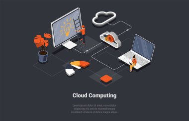 Cloud Computing. Computing Services Delivery Including Servers, Storage, Databases, Hi-tech Cloud Connection Technology. Availability of Computer System Resources. Isometric 3d Vector Illustration.