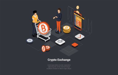 Blockchain Technology, Bitcoin, Altcoins, Trade By Cryptocurrency. Characters Buy And Sell Crypto On Stock Market Exchange Services With Mobile Application. Isometric 3d Cartoon Vector Illustration. clipart