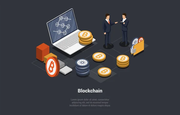 Blockchain Cryptocurrency Businessmen Working Blockchain Startup Technology Crypto Transaction Binary — Vettoriale Stock