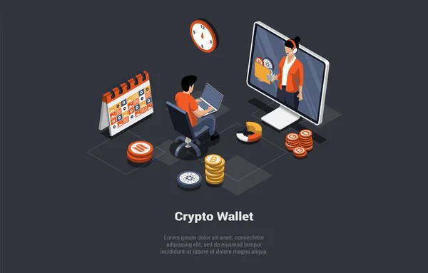 Female Character Buy Cryptocurrency Hold Custodial Non Custodial Crypto Wallet — 图库矢量图片