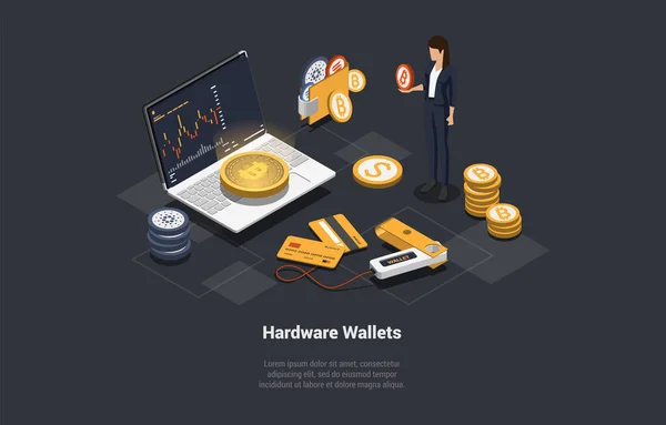 Cryptocurrency Safe Storage Hardware Offline Decentralized Wallet Trader Holding Cryptocurrency — Vettoriale Stock