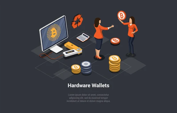 Cryptocurrency Safe Storage Hardware Offline Decentralized Wallet Women Sending Cryptocurrency — Vettoriale Stock
