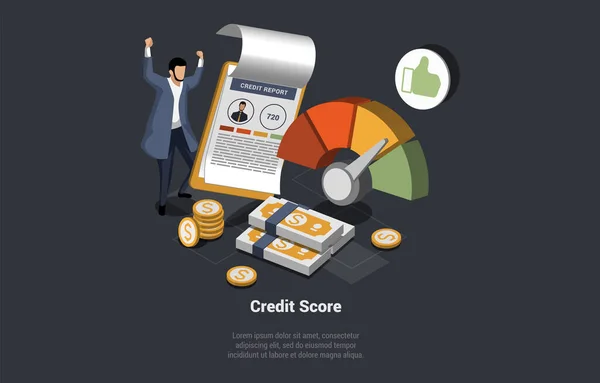 Concept Credit Score Character Applying Documents Mortgage Consumer Loan Bank — Vetor de Stock