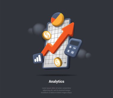 Data Analytics, 3D Increase Chart With Calculator And Gold Coins. SEO Optimization For Marketing Social Media. Financial Report Chart, Data Analysis, Web Development. 3d Vector Render Illustration.