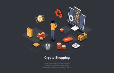 Blockchain Technology, Bitcoin, Altcoins And Shopping With Cryptocurrency. Male Character Man Buy Goods And Services Online Paying By Crypto On Tablet And Computer. Isometric 3d Vector Illustration.
