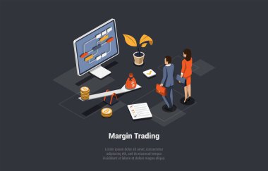 Margin Ticaret, Riskler ve Kâr Konsepti. Küresel Fon ve Finans Analizi Komisyoncuları Tüccar ve Kadın kaldıraç, Ticaret Forex ve Kripto varlıklarıyla bir anlaşma yaptı. Isometric 3d Vektör İllüstrasyonu.