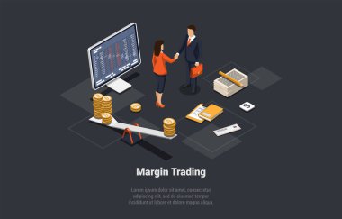 Margin Ticaret, Riskler ve Kâr Konsepti. Tüccar uzun pozisyondaki komisyoncuyla kârlı bir anlaşma yaptı. Karakterler Eski ve Kripto Servetlerini Çevrimiçi Değiştiriyor. Isometric 3d Çizgi film Vektörü İllüstrasyonu.