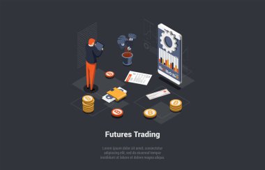 Gelecek Piyasa Ticareti, İkili Seçenek ve Riskler ve Kâr Konsepti. Borsacılar Küresel Fon ve Finans Haberlerini Analiz Ediyor. Tüccar, borsada geleceği satın alıp satıyor. Isometric 3d Vektör İllüstrasyonu.
