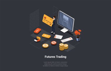 Gelecek Piyasa Ticareti, İkili Seçenek, Riskler ve Kâr. Tüccar, Borsa Hesabına Kredi Kartıyla Depozito Veriyor. Tüccar, borsada geleceği satın alıp satıyor. Isometric 3d Vektör İllüstrasyonu.