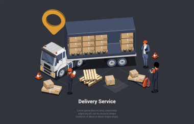 Delivery Service Truck And Global Logistics Business, Cargo Land Transportation. Workers Loading Cardboard Parcels Into Trailer. Delivery Truck With Cardboard Boxes. Isometric 3d Vector Illustration.
