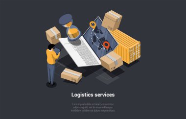 Warehouse, Logistics Service, Self Storage Unit Concept. Character Is Working In Warehouse With Cardboard Boxes. Employee Processes Taking Online Orders On Tablet. Isometric 3D Vector Illustration.