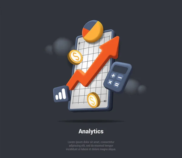 Data Analytics Increase Chart Calculator Gold Coins Seo Optimization Marketing — Stockvector