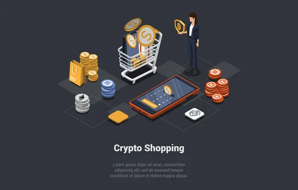 Blockchain Technology Bitcoin Altcoins Shopping Cryptocurrency Female Character Woman Buy — Stockvektor